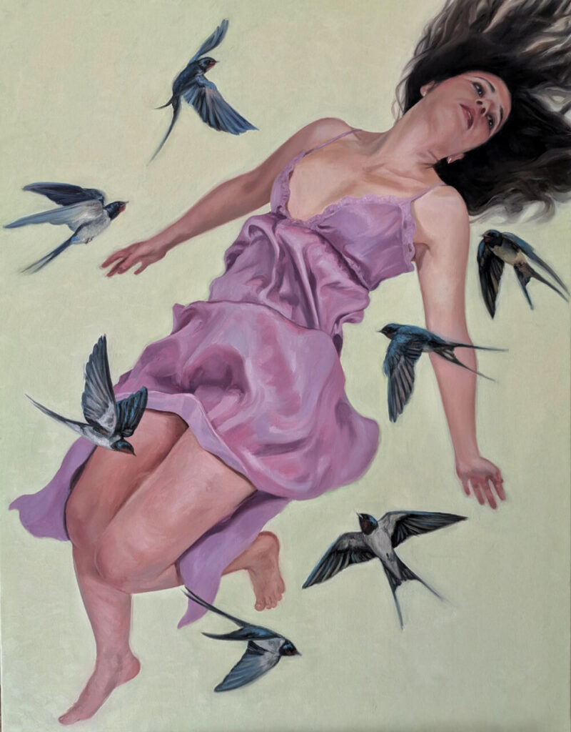 Pintura de mujer en vestido rosa rodeada de aves volando