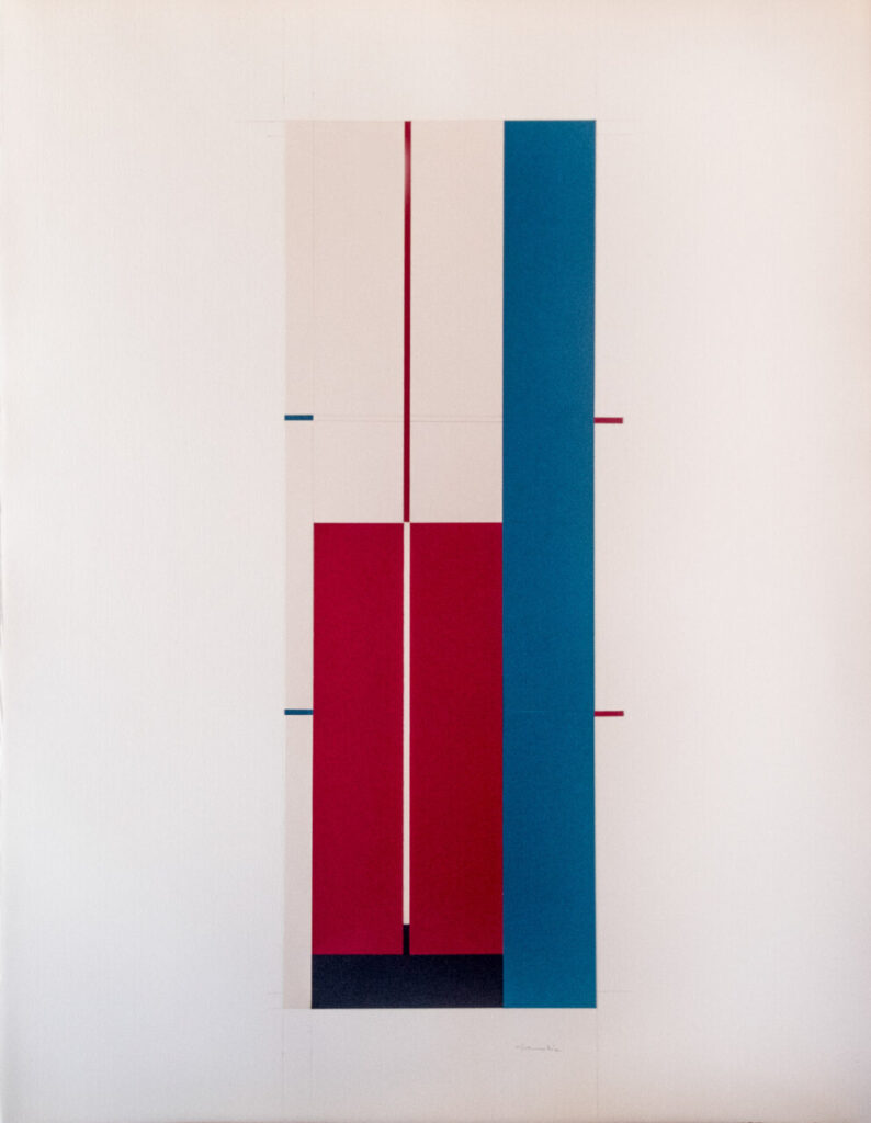 Pintura abstracta con colores rojo, azul y blanco en un lienzo