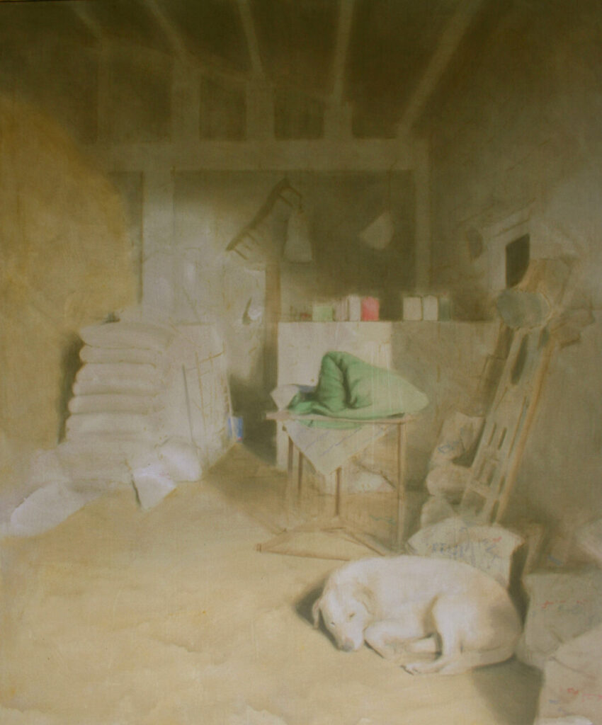 Arco se centra 2 Pintura de un perro pastor durmiendo en un entorno artístico