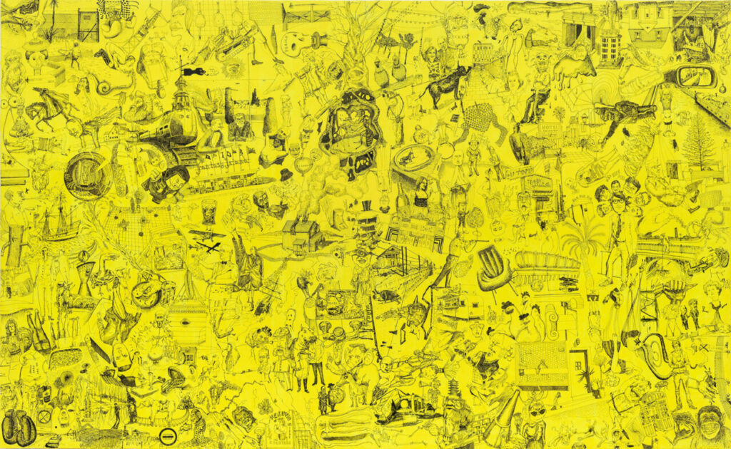 Arco se centra 6 Obra de arte en la Hybrid Art Fair 2026 con fondo amarillo y múltiples ilustraciones