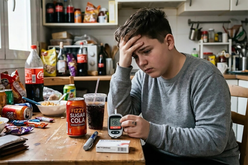 Adolescente preocupado con bebidas azucaradas en la mesa