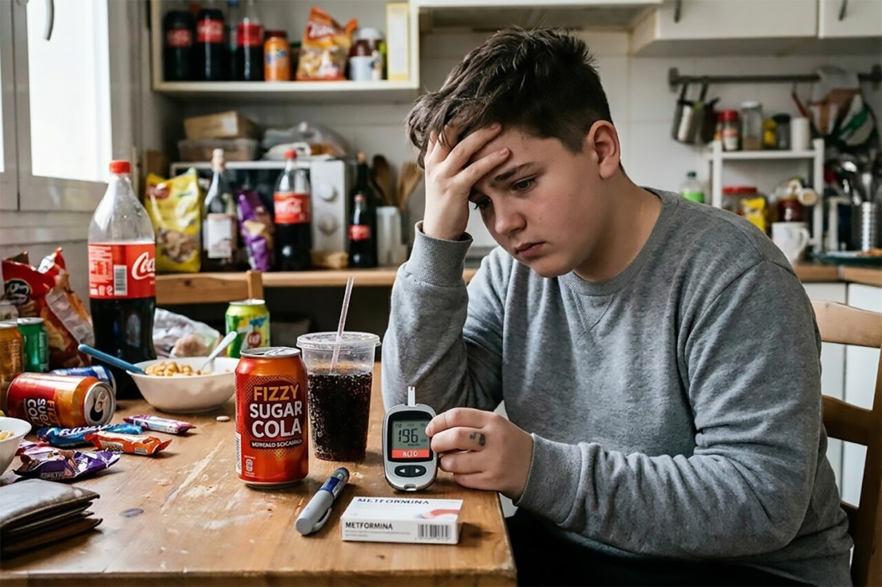Adolescente preocupado con bebidas azucaradas en la mesa
