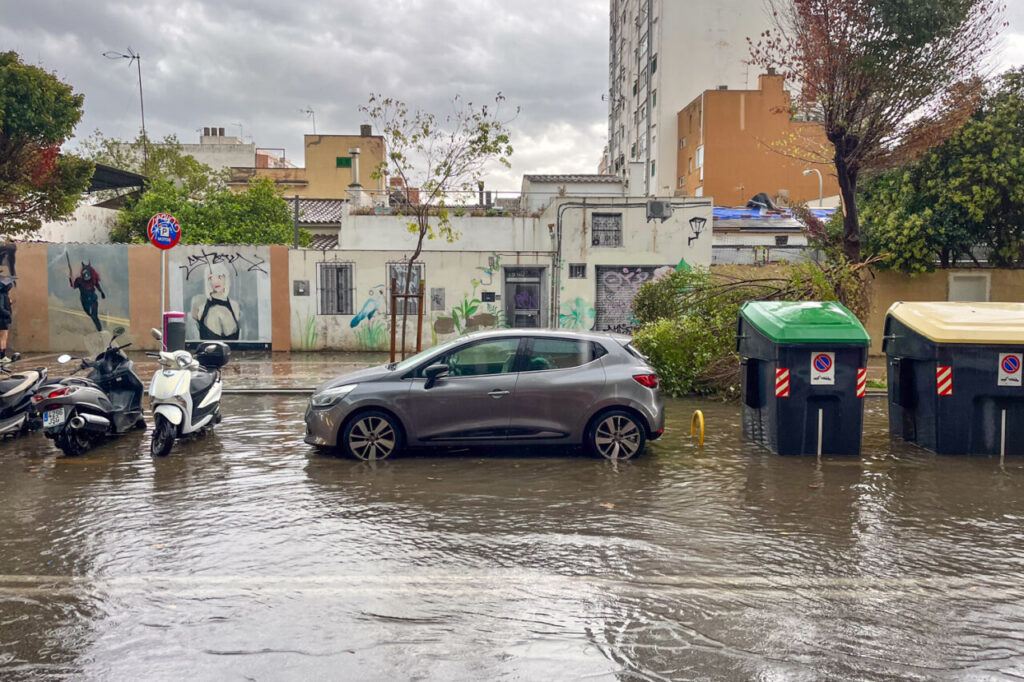 Calle inundada en Palma con coches y motos aparcados