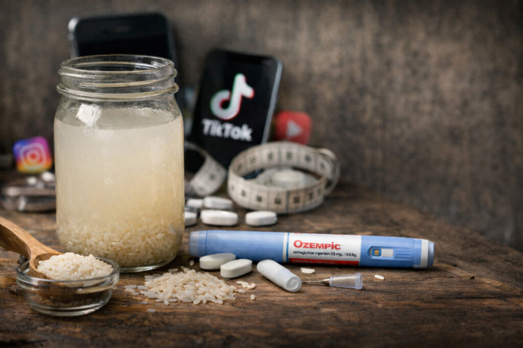 Bebida de agua de arroz junto a un bol de arroz y un bolígrafo de Ozempic