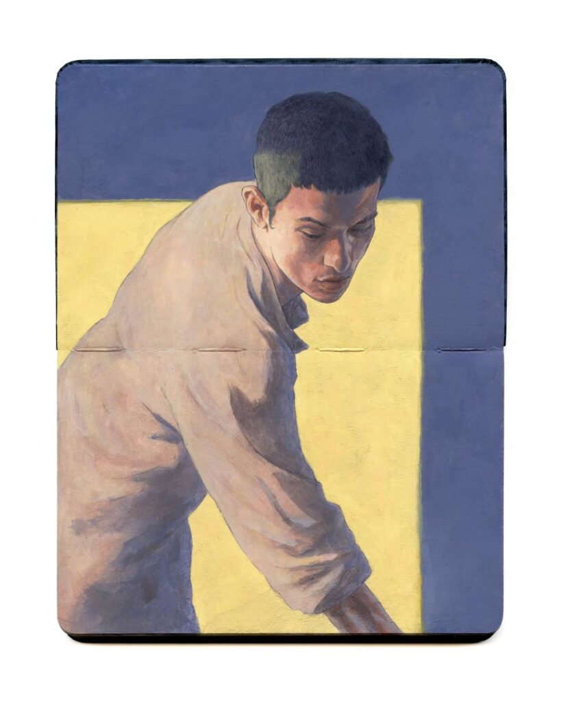 Pintura de un hombre con fondo amarillo y azul