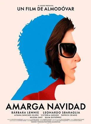 Póster de la película Amarga Navidad de Almodóvar con siluetas y colores vibrantes.