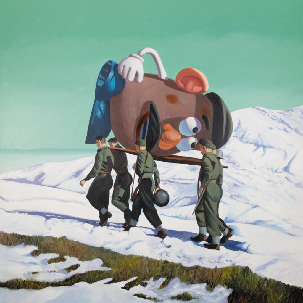 Can Art Fair Madrid, bautismal 4 Pintura de un grupo de soldados cargando un personaje caricaturesco en un paisaje nevado.