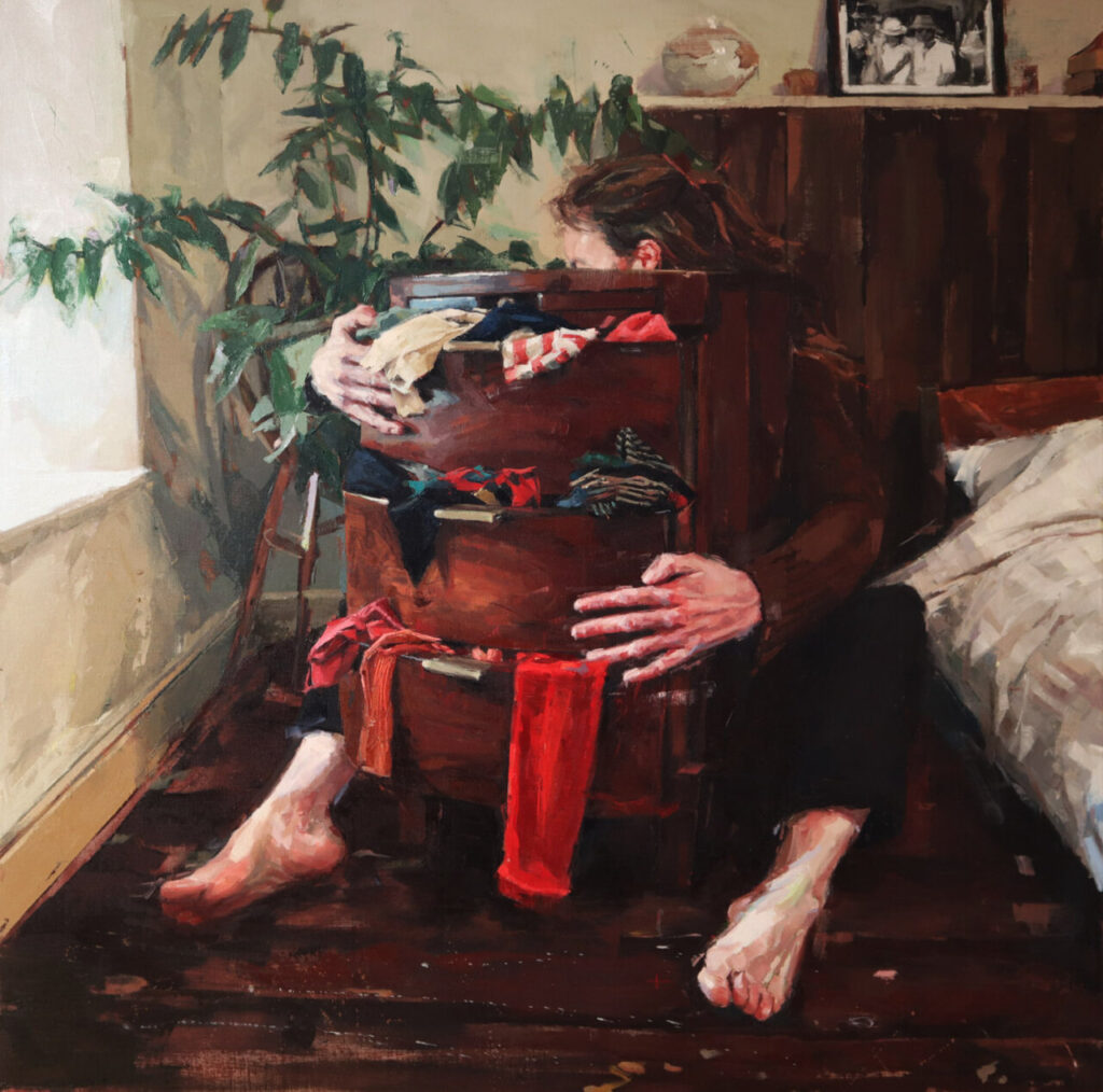 Can Art Fair Madrid, bautismal 3 Pintura de una persona interactuando con un mueble lleno de ropa