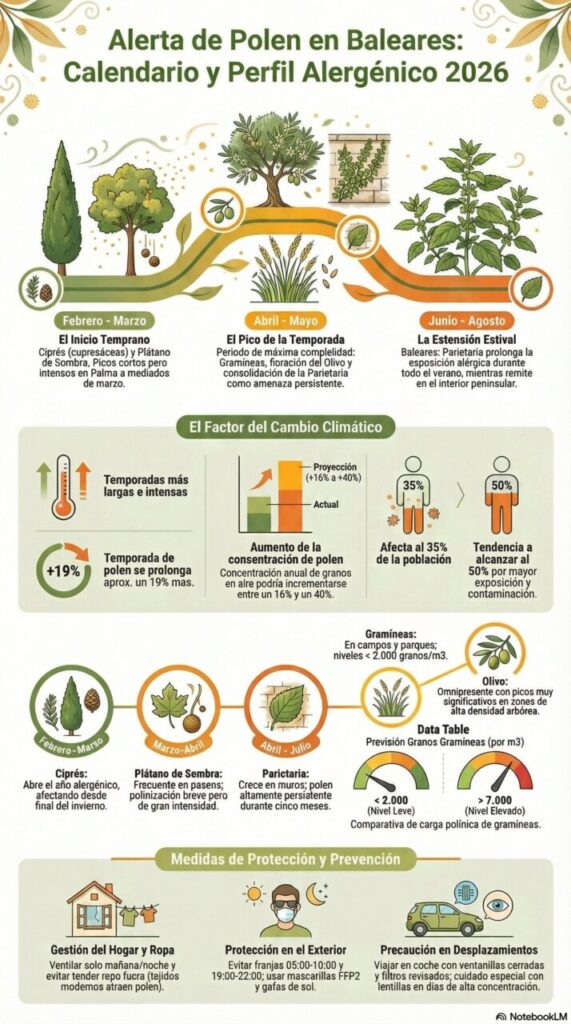 Alergia en Baleares: lo que el calendario polínico de las islas revela sobre esta primavera 1 Infografía sobre el calendario polínico y perfil alérgico en Baleares para 2026