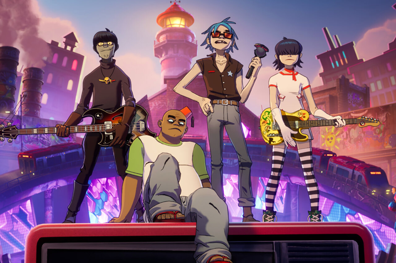 Los personajes animados de Gorillaz en un entorno vibrante y colorido.