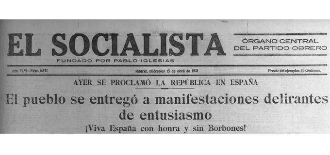 Portada del periódico El Socialista sobre la proclamación de la República en España