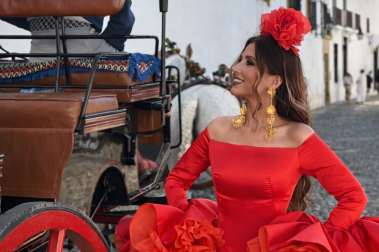 Mujer con vestido rojo y flores en el cabello junto a un carro rojo