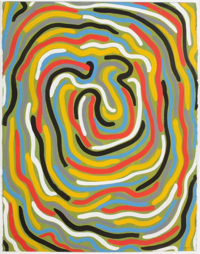 Obra abstracta con líneas de colores vibrantes en espiral