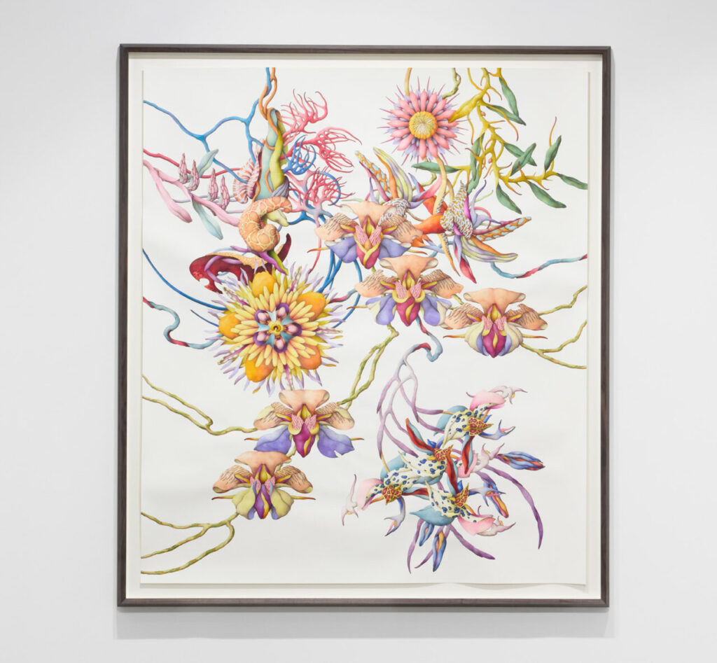 Obra de arte contemporáneo con flores y formas abstractas en colores vibrantes.