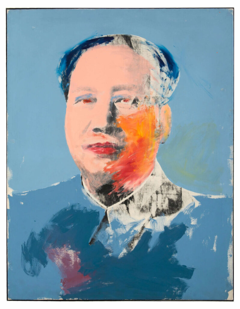 Retrato abstracto de figura histórica en tonos azules y naranjas