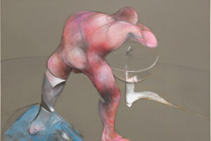 Pintura de figura humana en tonos rosados y grises, con fondo neutro.