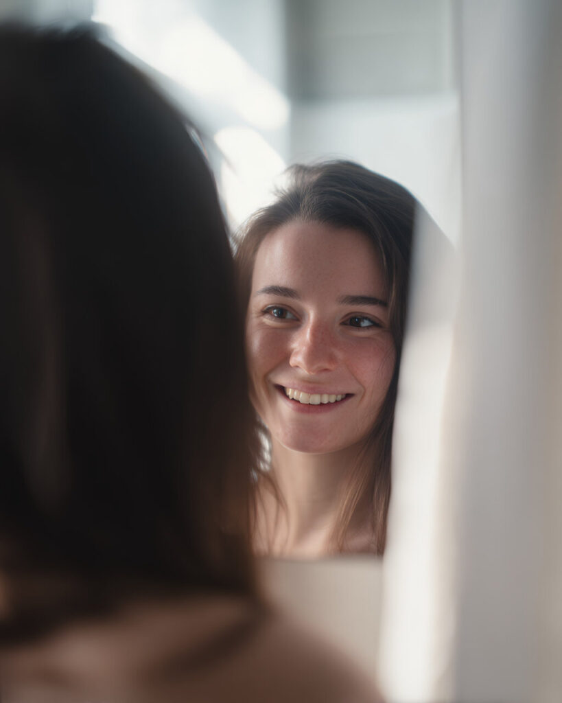 Mujer sonriendo mientras se mira en el espejo por la mañana