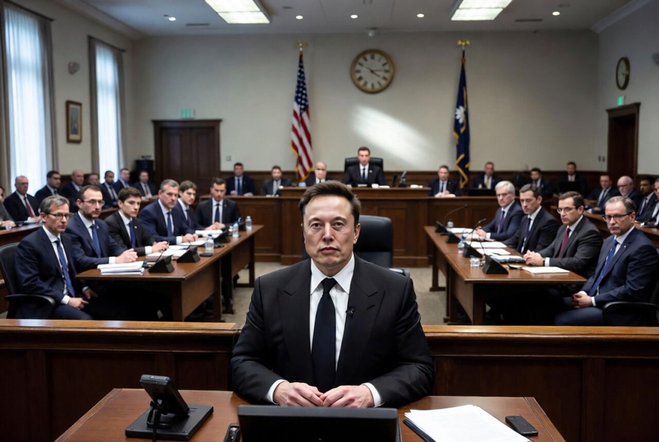 Elon Musk en un tribunal federal durante su declaración.