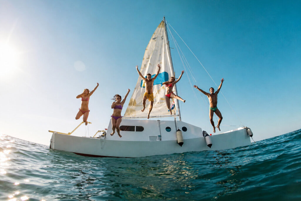 Grupo de amigos saltando desde un barco en Ibiza