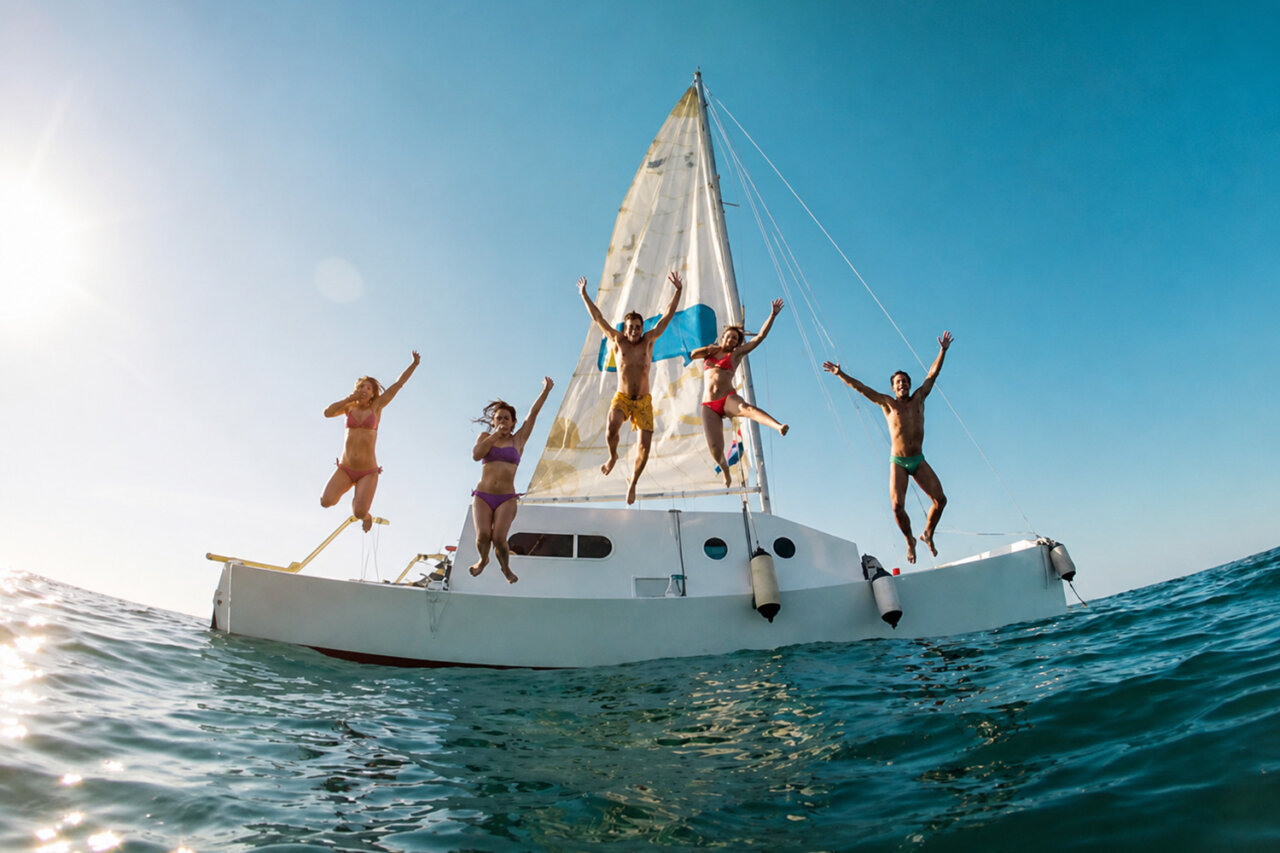 Grupo de amigos saltando desde un barco en Ibiza
