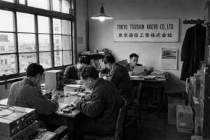 Ingenieros trabajando en la fundación de Tokyo Tsushin Kogyo en Tokio.