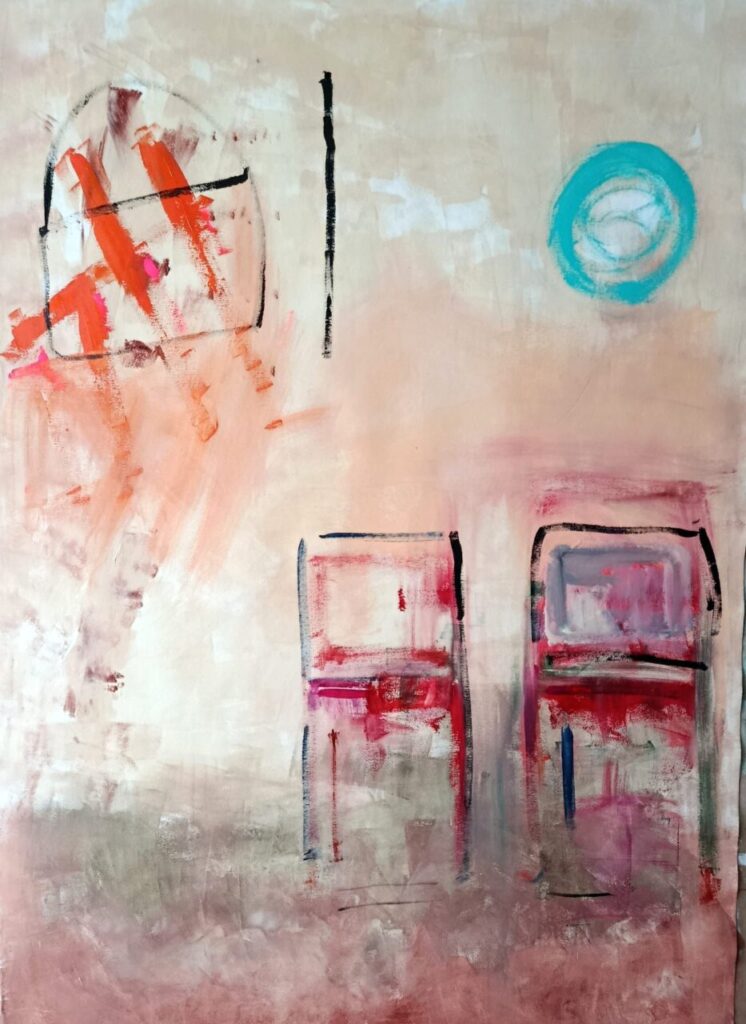 Pintura abstracta con formas geométricas y colores suaves.