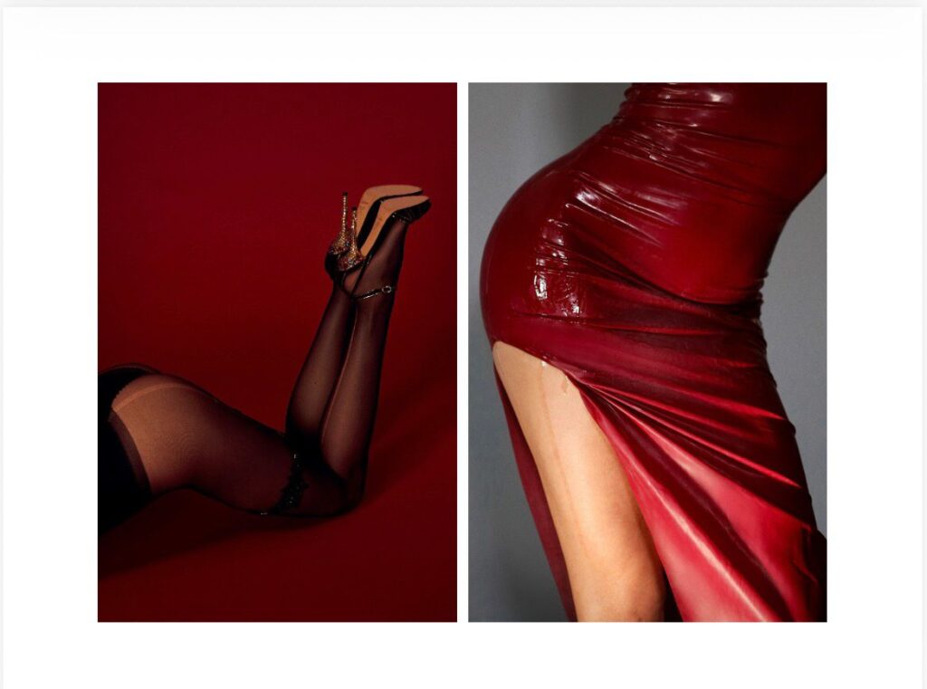Fotografía de dos modelos con atuendos llamativos en fondo rojo