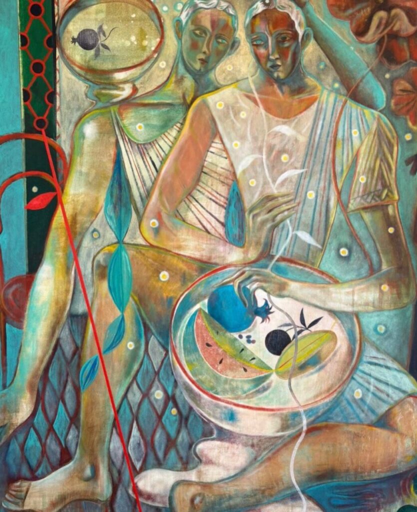 Pintura contemporánea que muestra figuras humanas y frutas en colores vibrantes.