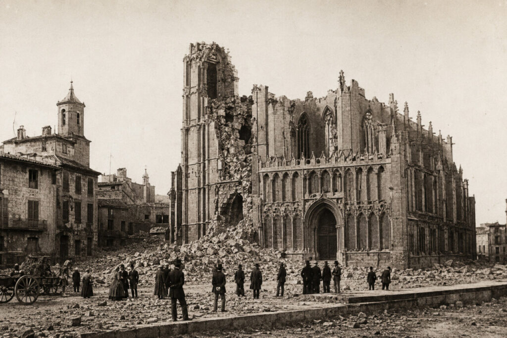 Fachada de la catedral de Palma tras el terremoto de 1851 con escombros alrededor.