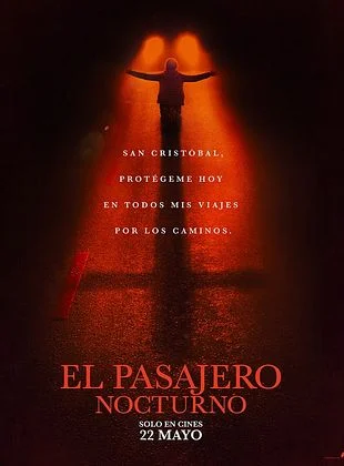 Cartel de la película El pasajero nocturno con un fondo oscuro y un personaje en la carretera.