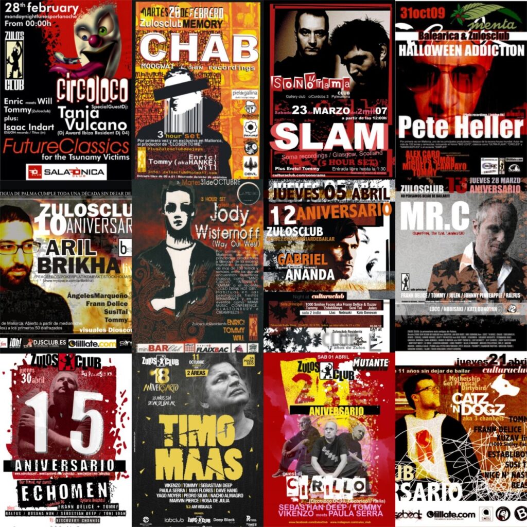 Collage de carteles de eventos del Zulos Club en Palma de Mallorca