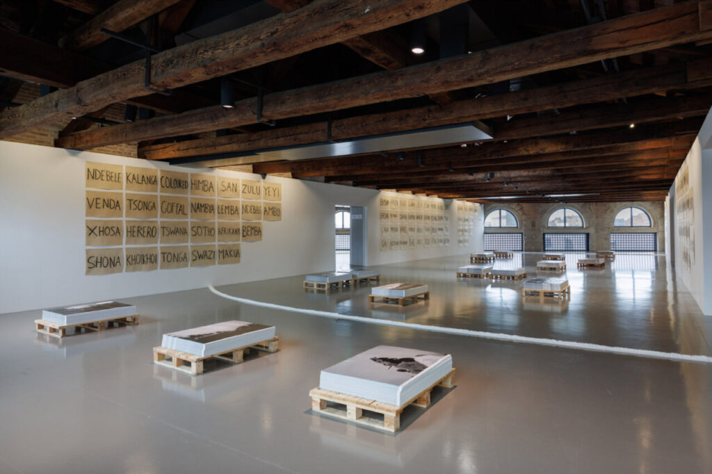 Paulo Nazareth + Lorna Simpson 2 Vista de una galería de arte en Venecia con obras expuestas.