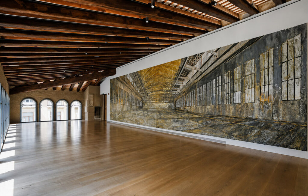 Paisaje Kiefer 1 Interior de un espacio artístico con mural y techos de madera
