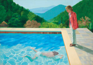 Pintura de David Hockney con una figura en una piscina