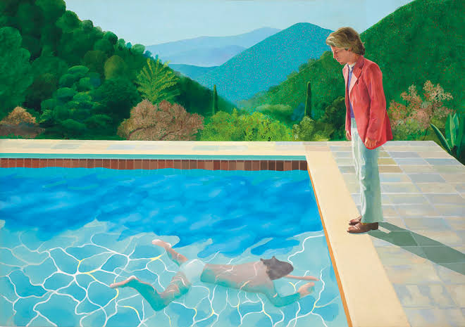 Revista Cultural y viajes desde Baleares 3 Pintura de David Hockney con una figura en una piscina