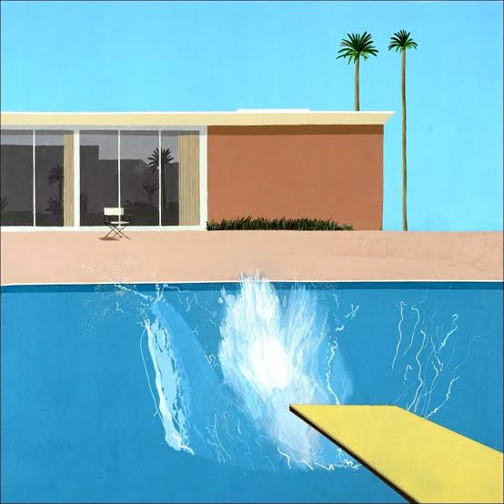 Pintura de David Hockney con una piscina y una casa moderna.