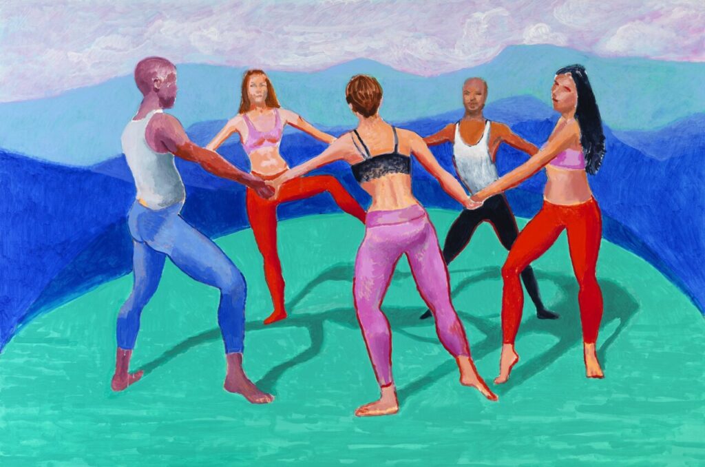Pintura de grupo de personas en círculo con fondo montañoso