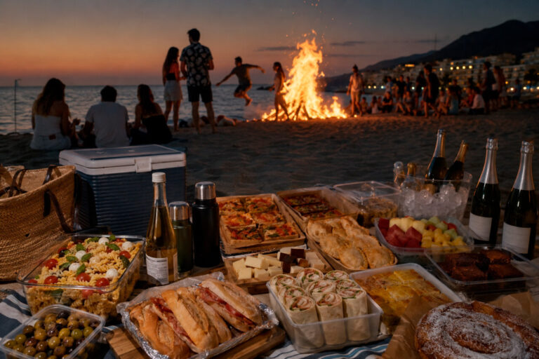 Mesa con comida variada y hoguera en la playa durante Sant Joan
