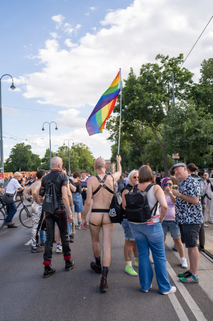 Participantes en la marcha del Orgullo en Viena con bandera arcoíris