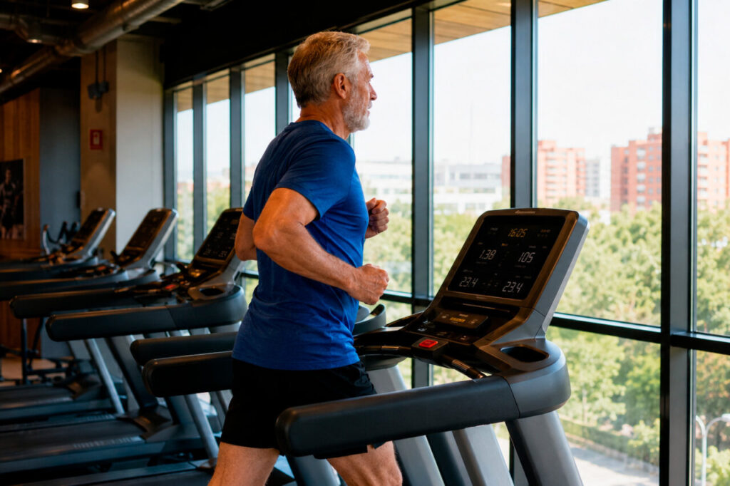 La forma física en la mediana edad predice cuántos años vivirás sano, no solo cuántos vivirás 1 Hombre corriendo en una cinta de correr en un gimnasio moderno