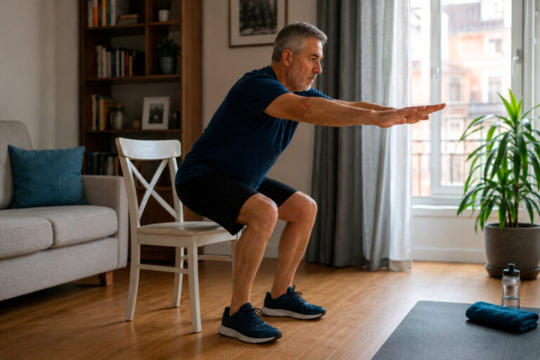 Revista Cultural y viajes desde Baleares 3 Hombre mayor realizando una sentadilla frente a una silla en casa