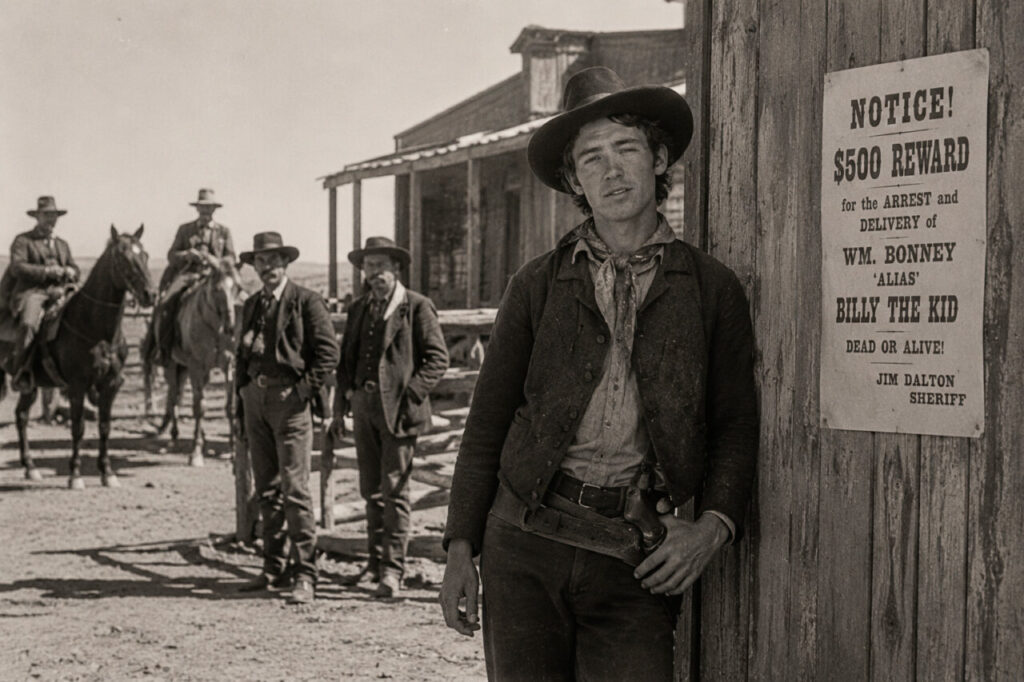 Billy the Kid junto a un cartel de recompensa en el viejo oeste