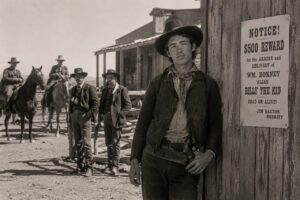 Billy the Kid junto a un cartel de recompensa en el viejo oeste