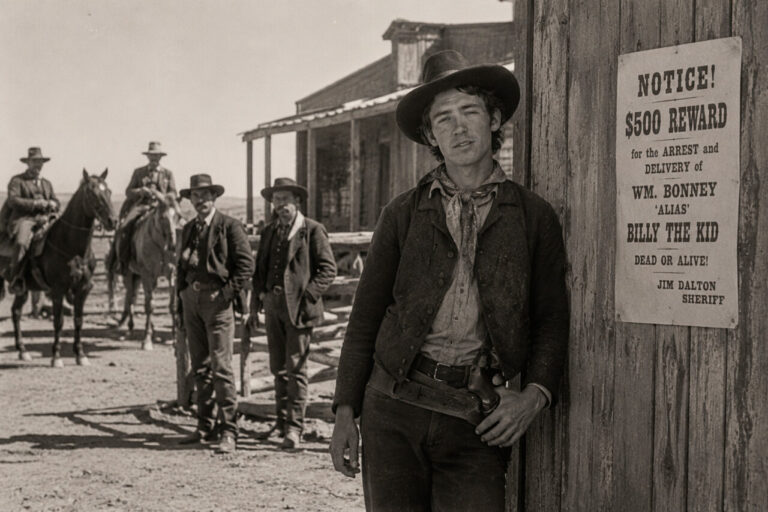 Billy the Kid junto a un cartel de recompensa en el viejo oeste