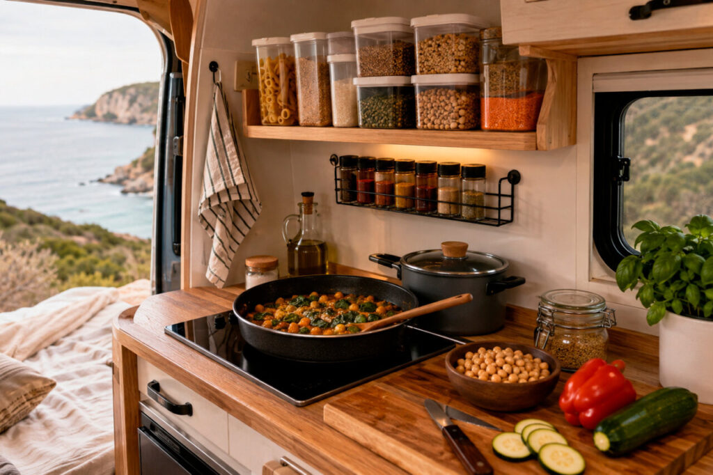 Cocina de autocaravana con ingredientes y utensilios para cocinar
